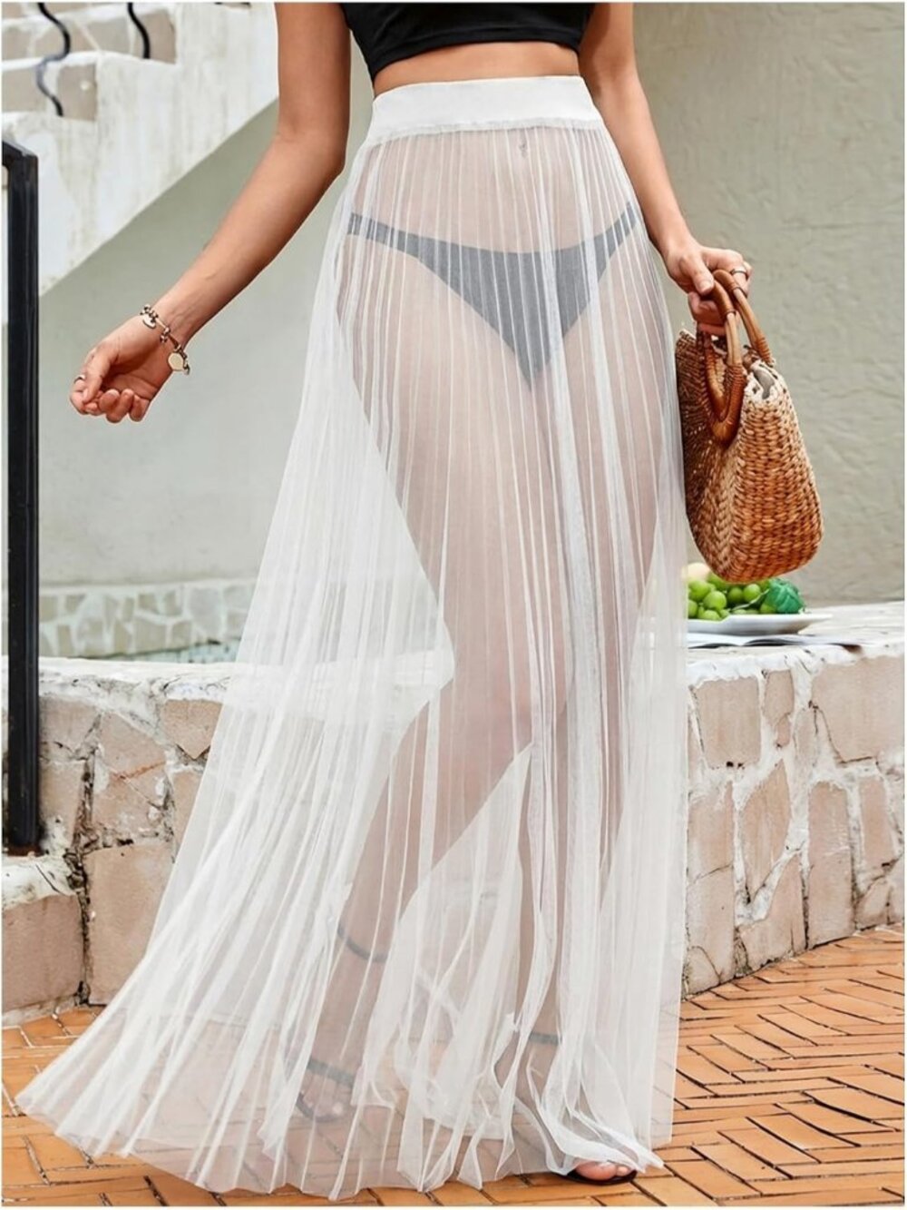 Women's White Sheer Mesh High Waist See Through Flowy Lace Cover Up Maxi Skirt - Picture 4 of 6